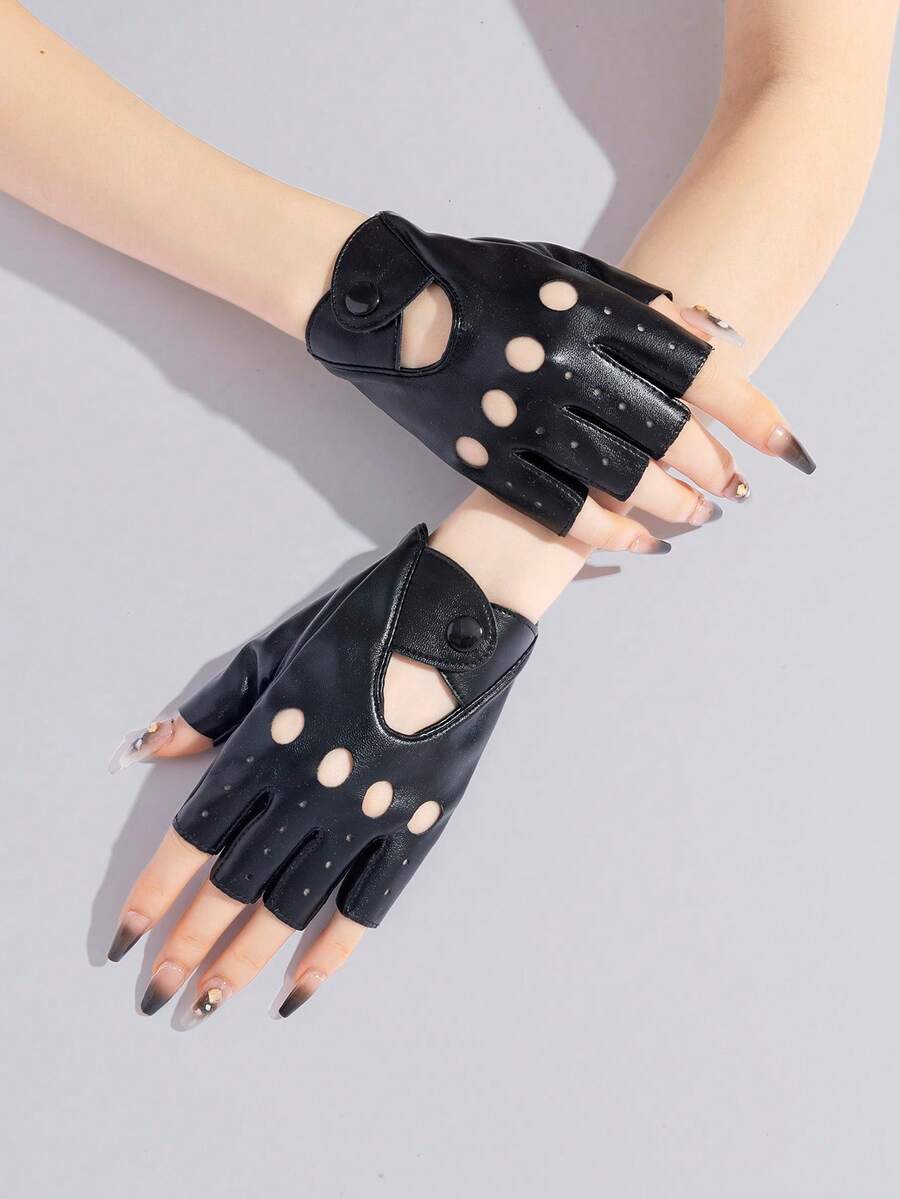1 Pair PU Leather Hollow Breathable Rivet Decor Half Finger Fingerless Gloves, Snap Button Design, Stylish For Streetwear, Commute, Daily Wear