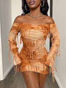 Y2K Long Sleeve Off-Shoulder Ruched Fitted Dress With Unique Print - Burnt Orange - View 8