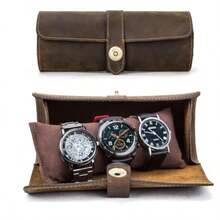 UIEE CONTACTS Joyero Organizador de Viaje hecho a mano Caja de Relojes de Cuero para Hombre Alhajero Portátil para Relojes - Estuche Ideal para Viajes Regalo - café-cierre a presión+para 3-Oval - Ver 1