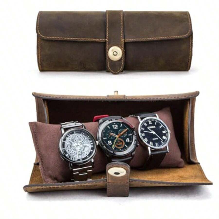 UIEE CONTACTS Joyero Organizador de Viaje hecho a mano Caja de Relojes de Cuero para Hombre Alhajero Portátil para Relojes - Estuche Ideal para Viajes Regalo - café-cierre a presión+para 3-Oval - Ver 1