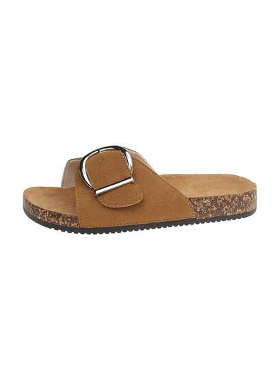1 Pair Women's Casual Brown Buckle Decor PU Leather Non-Slip Durable Round Toe Flat Slip-On Sandals, Simple & Fashionable, Suitable For Daily Wear/Vacation, Versatile