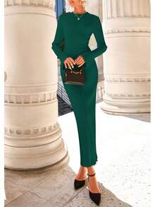2026 Women's Fall Winter Bell Sleeve Crew Neck Ribbed Knit Bodycon Sweater Maxi Dress - 綠色 - 查看 5