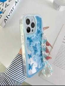 奶油色波浪边亮面蝴蝶彩绘防摔手机壳，配手工串珠手链，兼容 XR/11/12/13/14/15 Plus、16 Pro Max、17 Air 系列 - 彩色 - 查看 2