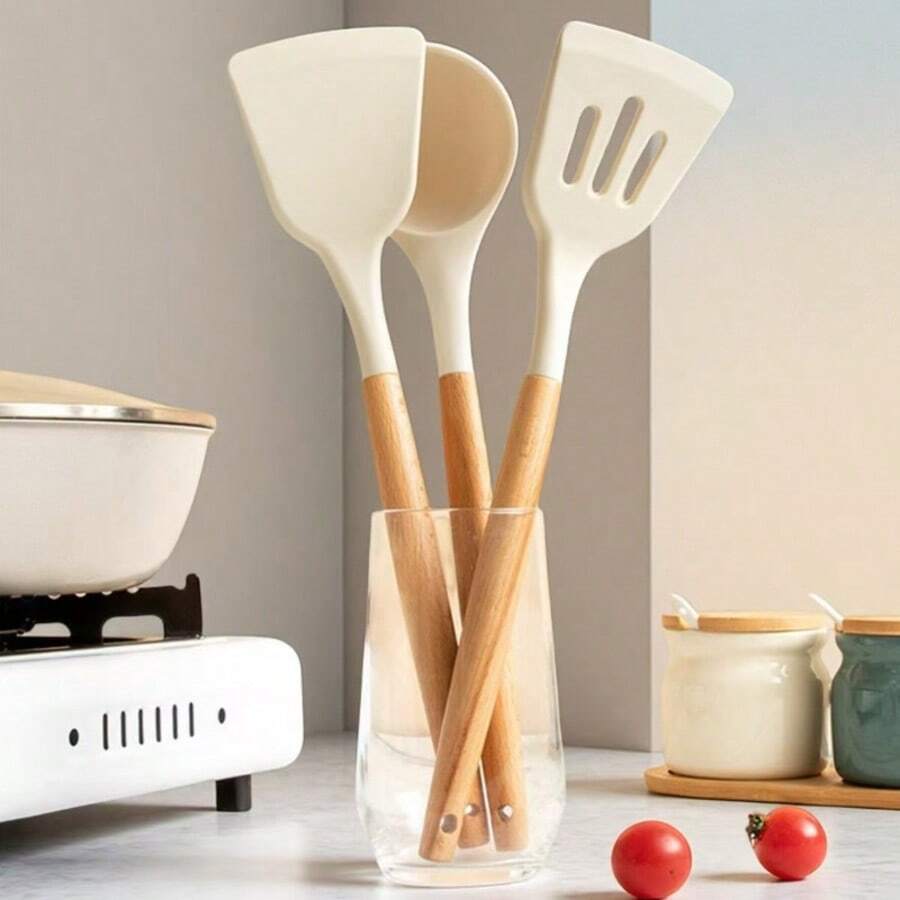 1/3件套木柄硅胶铲套装，耐热不粘锅具烹饪用具 - 白色 - 查看 1