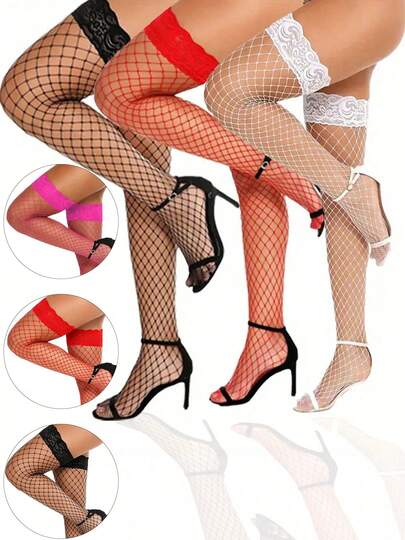 Women's Lace Trim Fishnet Thigh High Socks - Sexy Mesh Stockings In Multiple Colors, Suitable For Parties And Lingerie Looks