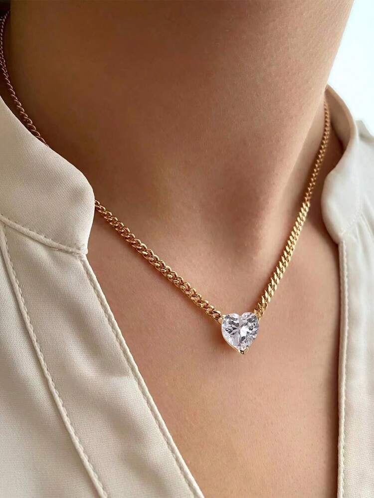 Nooxian 1pc Fashionable Minimalist Gold Chain Necklace With Sparkling Cubic Zirconia Heart Charm Layered Copper Jewelry - Yellow Gold - View 7