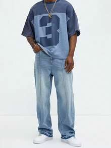 男士街头风宽松休闲牛仔裤，宽松版型 - 时尚休闲百搭/全球通用/通用宽松 - 中等水洗藍 - 查看 3