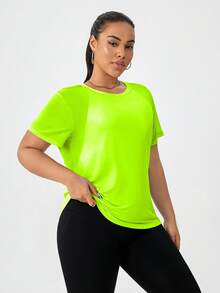 大码女式休闲网眼拼接短袖T恤，适合瑜伽、街头、跑步、户外运动 - 青檸色 - 查看 5