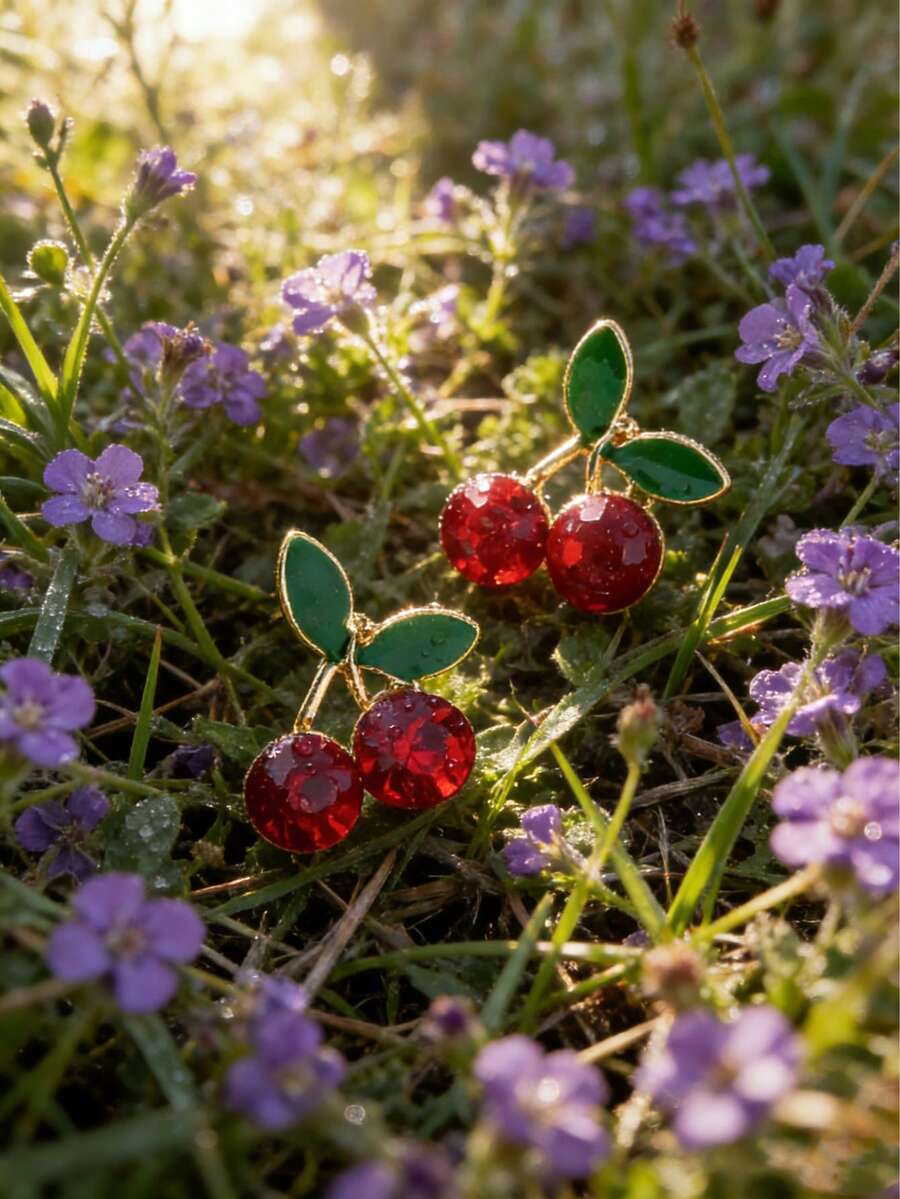 1 Pair Women's Fully Rhinestone Cherry Earrings, Suitable For Daily Wear - Multicolor - View 1