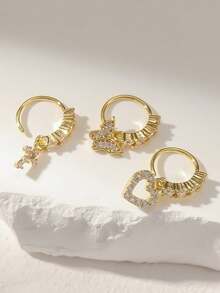 3pcs/Set Copper Zirconia Crystal Heart, Cross, Butterfly Nose Ring Jewelry Set, Suitable For Women As Christmas, Halloween, Valentine's Day, Birthday Gift Or Daily Wear Valentines,Mom,Mother,Mother's Day,Gift - Yellow Gold - View 5