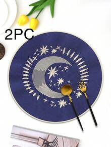 1/2/4件装刺绣布艺节日餐垫，适合婚礼宴会餐桌装饰，简约优雅的欧式风格布艺桌布，星月图案餐垫 - 彩色 - 查看 30