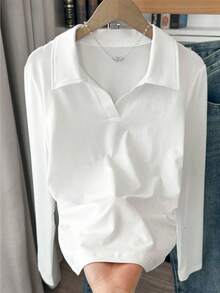 Blazique Women's Sportswear Casual Tight-Fitting Polo Collar V-Neck Long Sleeve Top Spring - White - View 4