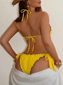 Bikini de 2 piezas para mujer en amarillo soleado con ribete de volantes, bloques de color con ribete negro, ajuste delgado ajustable con múltiples lazos para viajes - Amarillo - Ver 4