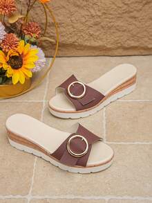 大码夏季新款时尚百搭厚底白色小金属扣女士套脚露趾舒适透气黑色棕色酒红色凉鞋，适合搭配连衣裙、沙滩装。 - 特級酒紅色PU - 查看 7