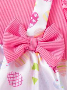 2件套女婴复活节糖果印花长袖连体衣连衣裙，配蝴蝶结发带，婴儿节日派对服装 - 彩色 - 查看 5