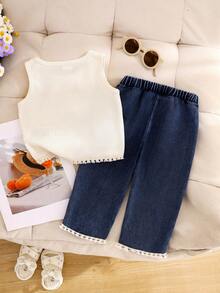 2pcs Baby Girl Bohemian Style Bowknot Ruffle Waffle Sleeveless Top And Tassel Bow Denim Long Pants Set - Apricot - View 2