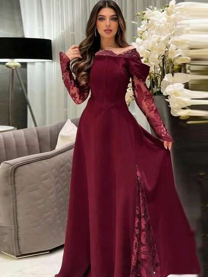 فستان حفلة للضيوف من نسيج مضفر بلون أحادي مع سحاب وتطريز دانتيل للربيع