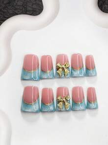 Bộ 10 móng tay giả gel đa giác thời trang thanh lịch, móng giả acrylic dán, phụ kiện nơ vàng, thiết kế móng kiểu Pháp màu xanh lấp lánh, thiết kế ombre vàng, món quà lý tưởng cho phụ nữ và bé gái, bao gồm dụng cụ làm móng (1 miếng dán gel + 1 dũa móng), 3 kích cỡ: hình hạnh nhân, hình mỏ vịt, hình quan tài, phù hợp cho sử dụng hàng ngày, dự tiệc, chụp ảnh, đám cưới, văn phòng và các dịp khác. Móng giả dán thủ công. - Nhiều màu - Xem 16