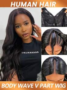 Peluca de cabello humano ondulado con parte en V, densidad del 150%, sin pegamento, fácil de usar, adecuada para uso diario de mujeres, extensión de cabello invisible - Natural Black - Ver 2