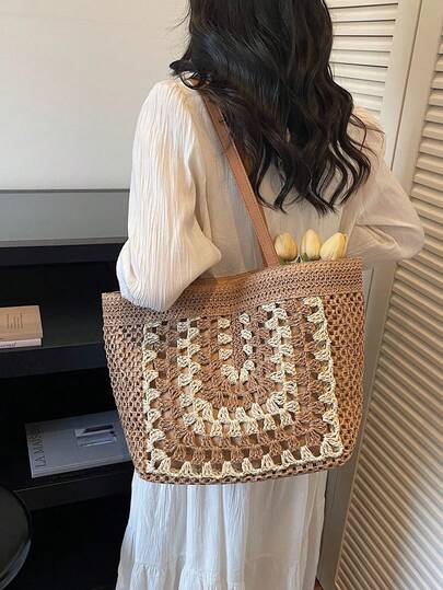 Dedoo 新款镂空钩编花卉编织包，沙滩度假风编织包，通勤单肩包，沙滩包