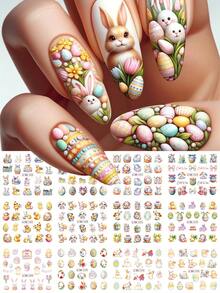 Pegatinas de transferencia de agua para decoración de uñas con diseño de conejo, huevo y flor de dibujos animados - Pegatinas deslizantes de arte de uñas con diseño lindo, accesorios de manicura y suministros de arte de uñas - Multicolor - Ver 1