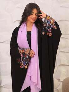 Spring/Summer New Floral Embroidered Open Front Abaya Robe - Black - View 6