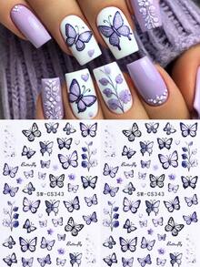 2 piezas Pegatinas de arte de uñas con mariposa y flor en morado y negro, Decoraciones de uñas adhesivas de primavera, Fácil de usar para salón de uñas o en casa - Multicolor - Ver 2