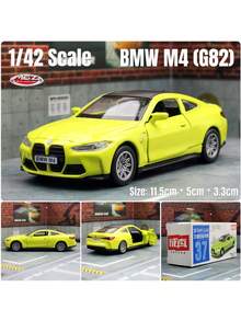 Burago 1:42 BMW M4 G82 Legierung Auto - Gelb, Hinterradantrieb mit glatter Gleitfähigkeit, Türen zum Öffnen, detaillierte Replik, tolles Geschenk, Sammlerstück & Dekorationsstück für Schreibtisch/Regal, geeignet für Weihnachten, Halloween, Geburtstag - Gelb - Übersicht 1