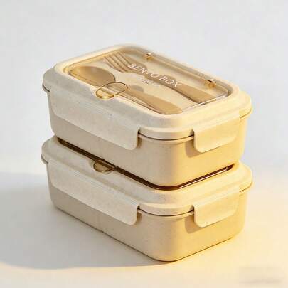1 pieza/Set de 3 piezas Caja bento de moda en beige - Diseño de 3 compartimentos a prueba de fugas, incluye tenedor y cuchara, ligero y portátil, conveniente para llevar comidas al trabajo, la escuela, picnics
