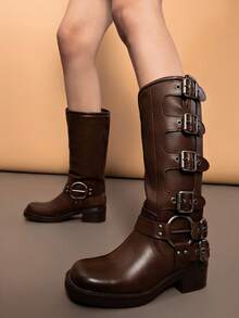 Women's Slip On Knee High Boots Square Toe Chunky Heel Classic Vintage Metallic Buckles Motorcycle Riding Boots - màu nâu - Xem 2