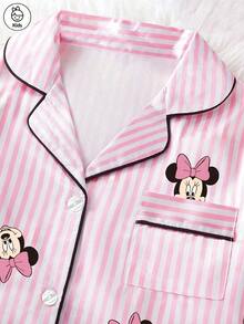 Disney 少女米妮条纹卡通印花两件套，可爱休闲配套弹力腰短袖上衣和短裤睡衣套装，丝滑柔软透气面料，适合所有季节。 - 粉色 - 查看 6