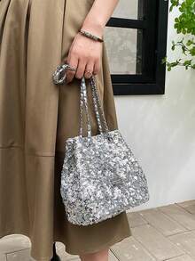 2026春夏新款亮片装饰单肩包，亮片字母贴片斜挎包，优雅百搭，带化妆包内衬，晚宴手拿包 - 銀色 - 查看 3