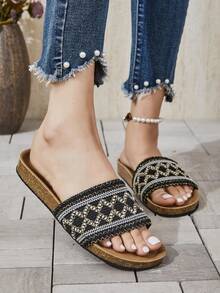 Sapatos femininos estilo boêmio com estampa geométrica trançada, modernos, elegantes e confortáveis, estilo sapatilha, ideais para o dia a dia, trabalho, festas e ocasiões casuais. - Preto - Ver 4