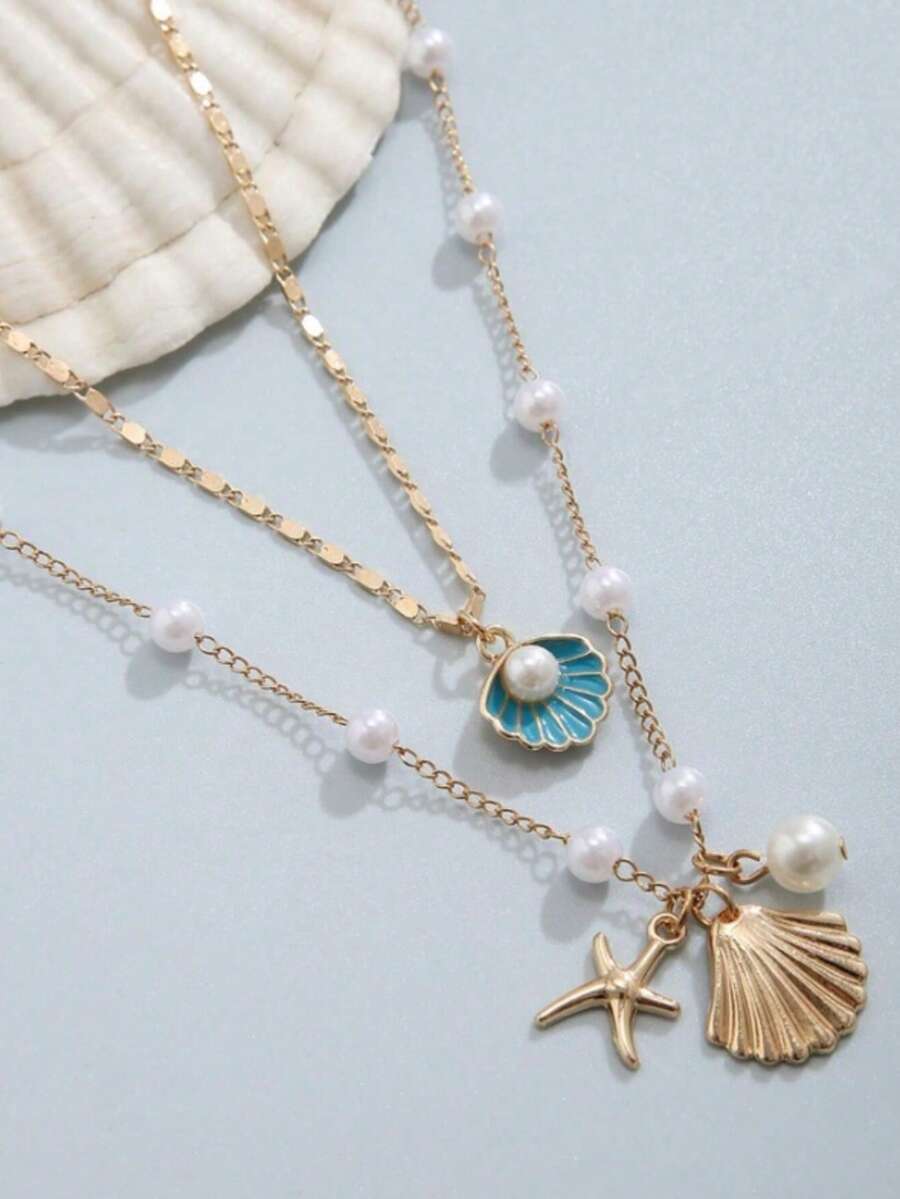 2pcs Beach Style Alloy Faux Pearl & Shell Shaped Pendant Necklace Set, Suitable For Women, Couples, Daily Wear, Jewelry Gift - Multicolor - View 1