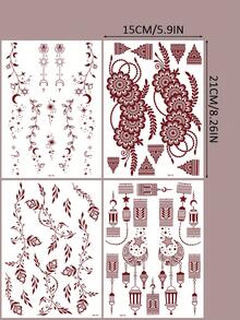 4片红色指甲花手指纹身贴纸，饰有指甲花花卉图案，包括花朵、星星、月亮等设计。它们适用于手指、指甲和手部艺术装饰，是派对、婚礼和其他场合的完美之选。 - 紅色 - 查看 7