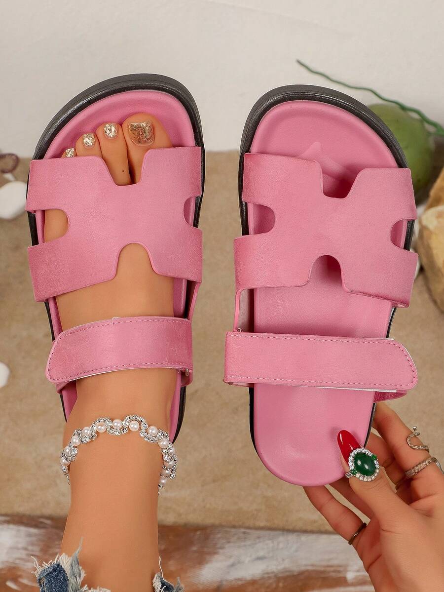 Zapatillas cómodas de mujer con punta abierta, suela plana y gruesa, básicas para uso diario, zapatos de vacaciones, zapatos casuales, zapatos de playa, material de PU/cuero artificial - Rosa - Ver 1