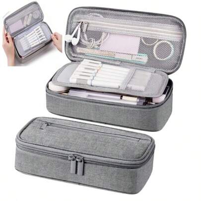 1 pieza Estuche para lápices de gran capacidad - Bolsa para bolígrafos con cremallera y múltiples compartimentos, plegable y con asa - Organizador de papelería de oficina elegante para adultos - Esencial para el escritorio de la oficina, estudiantes universitarios, reuniones profesionales, útiles de escritura minimalistas, viajes de negocios, útiles escolares, vuelta al cole