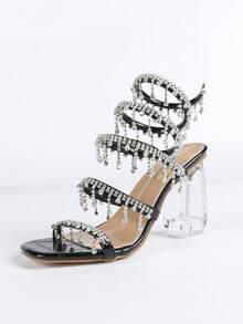 Women's Thick Crystal Heel Sandals, Square Toe Rhinestone Snake Wrap Strap, Fashionable Open Toe, Basic Style For Summer & Autumn - Black - View 19