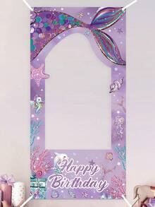 1个生日快乐相框，紫色美人鱼主题生日拍照道具，生日派对拍照区，家居房间墙面装饰，派对用品，派对装饰品，生日礼物，派对小礼品，女士生日装饰，生日背景，生日横幅 - 美人魚 - 查看 2