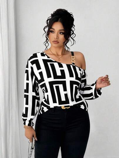 Blusa de Un Solo Hombro para Mujer Talla Grande Diseño Asimétrico con Cuello Llameante y Estampado Geométrico Manga Larga, Elegante y Moderna para Ocasiones Especiales