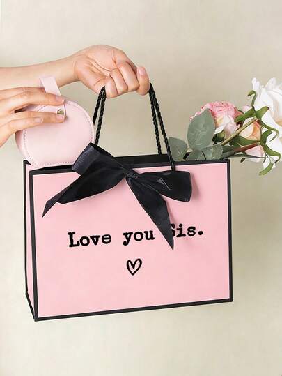 1pc "Love You Sis" Gift Bag, Paper Gift Bag With Satin Ribbon Bow, Foldable And Convenient, Suitable For Wedding, Birthday, Christmas, Valentine's Day And Various Occasions As The Perfect Gift Bag For Girlfriend, Boyfriend, Husband, Wife, Partner, Sister