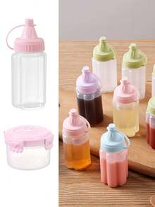 8件套迷你便当调味盒、酱料挤压瓶、香料罐套装、沙拉酱容器、小型透明番茄酱挤压瓶，适合学校、户外烧烤等场合 - 粉色 - 查看 2