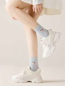 5 Pairs Women's Cute Puppy Patterned Lace Trim Mid-Calf Socks, Versatile & Suitable For Daily Wear - Multicolor - View 3