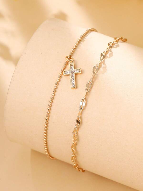 Tkool 2pcs Faith Elegant Lip Chain Copper Zirconia Cross Anklet Set For Women, Summer Beach