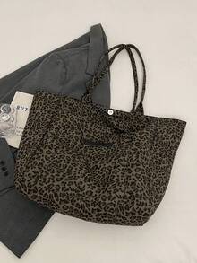 New Fashionable High-Capacity High-End Sense Korean Style Casual Minimalist Lightweight Versatile Canvas Backpack, Retro Casual Style, Leopard Print, Student Backpack, Campus Tote Bag, Fashionable Leopard Print High-Capacity Shoulder Bag - Black - View 8