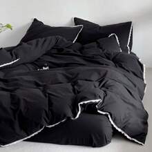 3件套亲肤水洗磨毛面料柔软舒适蕾丝花卉图案被套套装（1个被套+2个枕套，不含被芯），适合男孩、女孩、卧室、客房、青少年床上用品，可机洗 - 黑色 - 查看 15