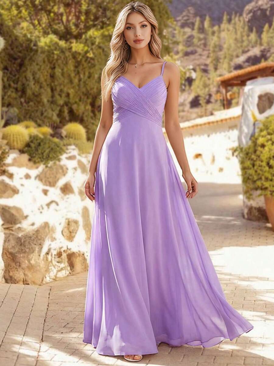 Elegant Lavender Chiffon Ruffle Backless Camisole Bridesmaid Wedding Guest Dress, Suitable For Wedding Parties And Semi-Formal Occasions Spring
