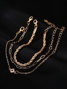 3pcs Alloy Bracelets - Twisted Rope Chain, Safety Pin Chain, Cube Zirconia Decor Mixed Style Bracelets, Suitable For Daily Wear - Yellow Gold - View 3