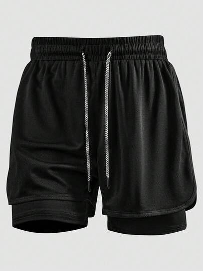 男士纯色抽绳腰休闲运动短裤，防滑，时尚二合一设计，男女通用运动短裤，适合跑步、户外、健身，轻便宽松舒适休闲裤