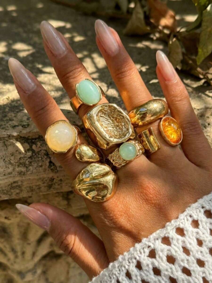 7pcs/Set Inlaid Acrylic Rings, Asymmetrical Hammered Texture Open Rings Set, Suitable For Party, Gift, Daily Wear - 黃金 - 查看 1